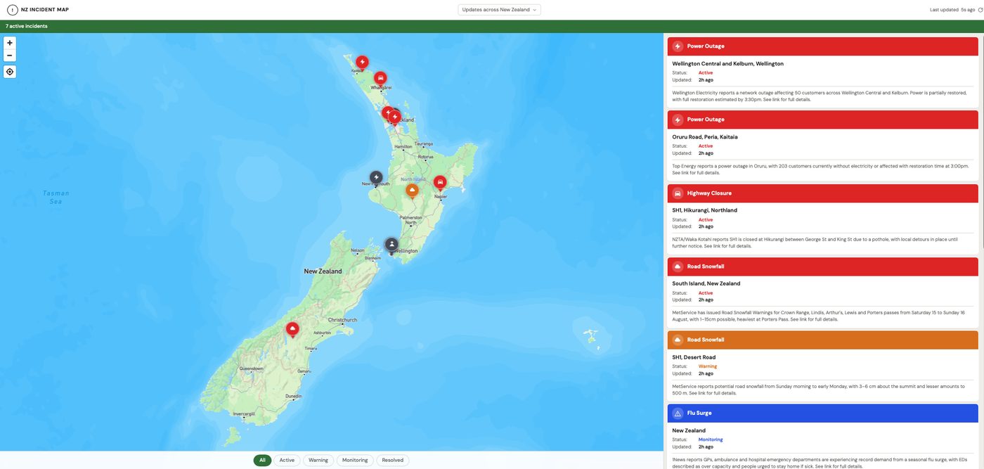 NZ Incident Map live dashboard